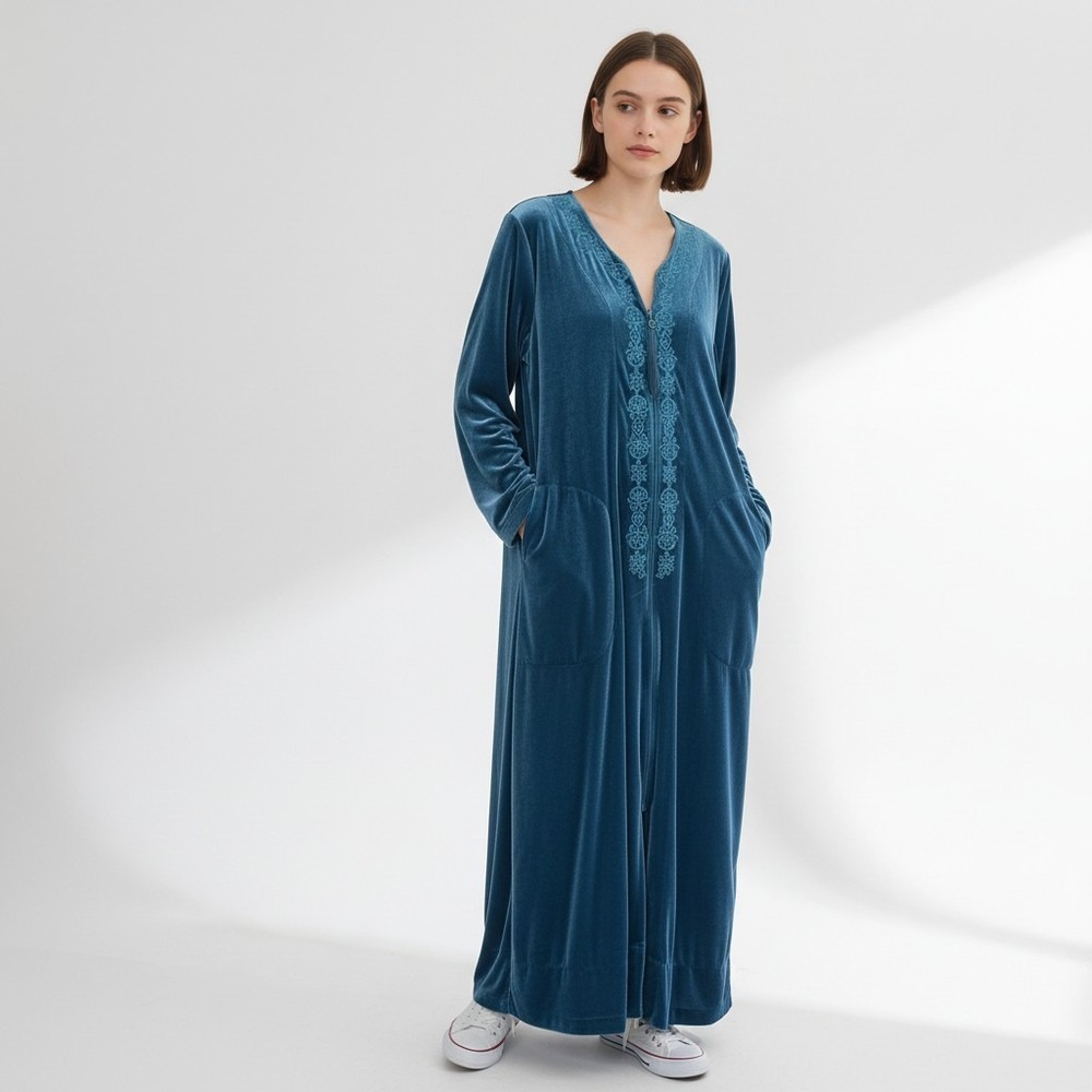 Nottibianche Soft Velour Velvet Embroidered Full Zip Robe Small Pocket Dark Teal